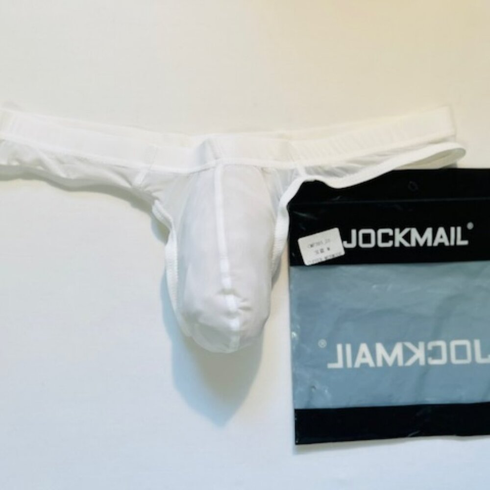 JOCKMAIL   Waist 28-31"s Nylon Blend Semi Sheer T-Back Thong - White - PouchJOC
